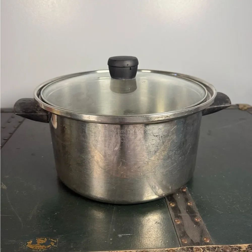 NICE VINTAGE SEAL-O-MATIC 8 QT STOCK POT & Glass Lid  3 PLY STAINLESS STEEL USA